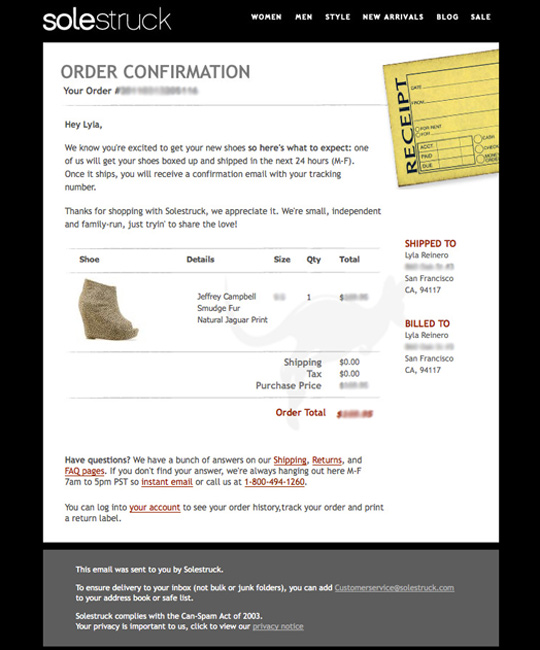 网上购物订单确认图例：购买短靴后确认邮件